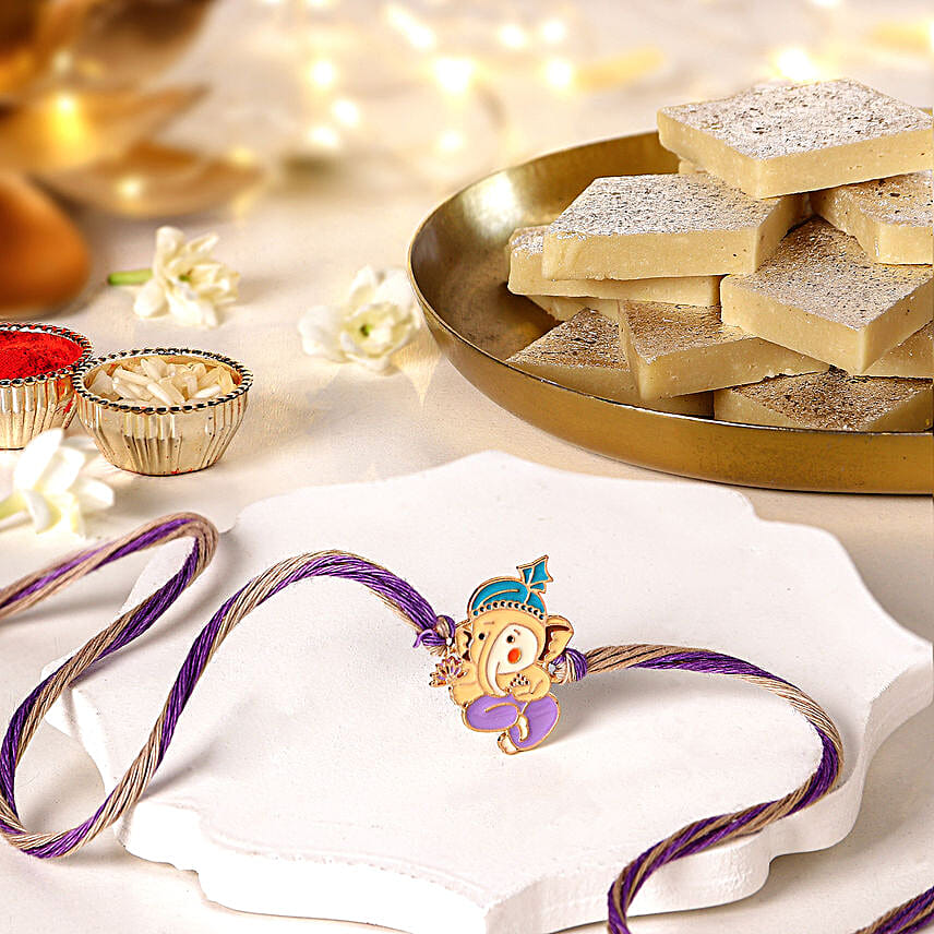 Bal Ganesha Cheerful Charm Rakhi N Kaju Katli Treat