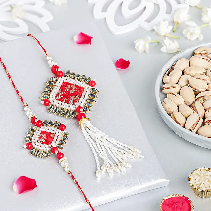 Bandhani Bhaiya Bhabhi Rakhi Set N Pistachio Combo