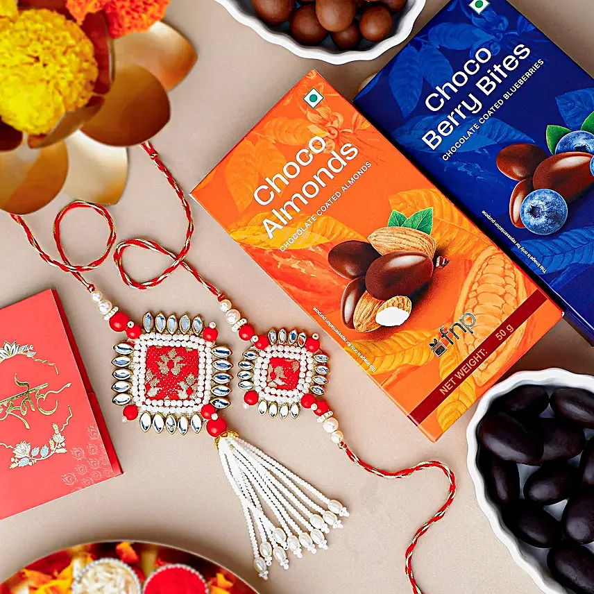 Bandhani Bhaiya Bhabhi Rakhi Set with Chocolate Coated Almonds and Blueberries Gift Set