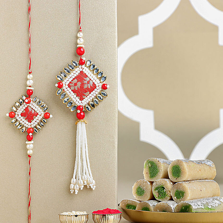 Bandhani Lumba Rakhi Set N Rasgulla Combo