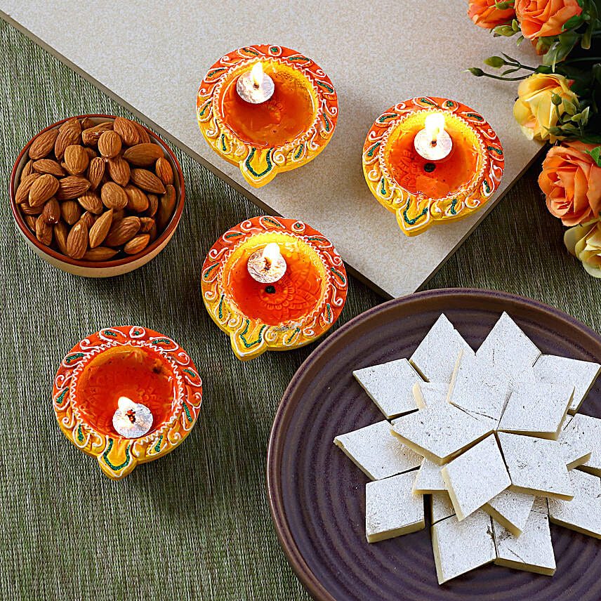 Designer Diyas With Kaju Katli And Almond Celebration Festivity Hamper