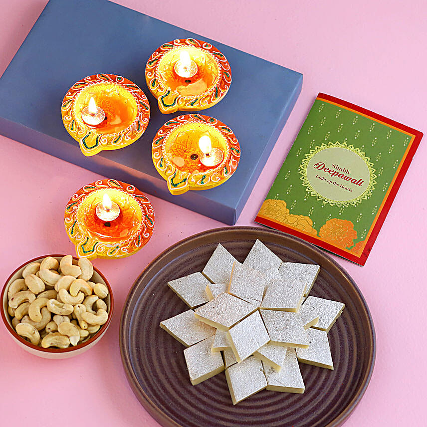 Designer Diyas With Kaju Katli And Cashews Celebration Festivity Hamper