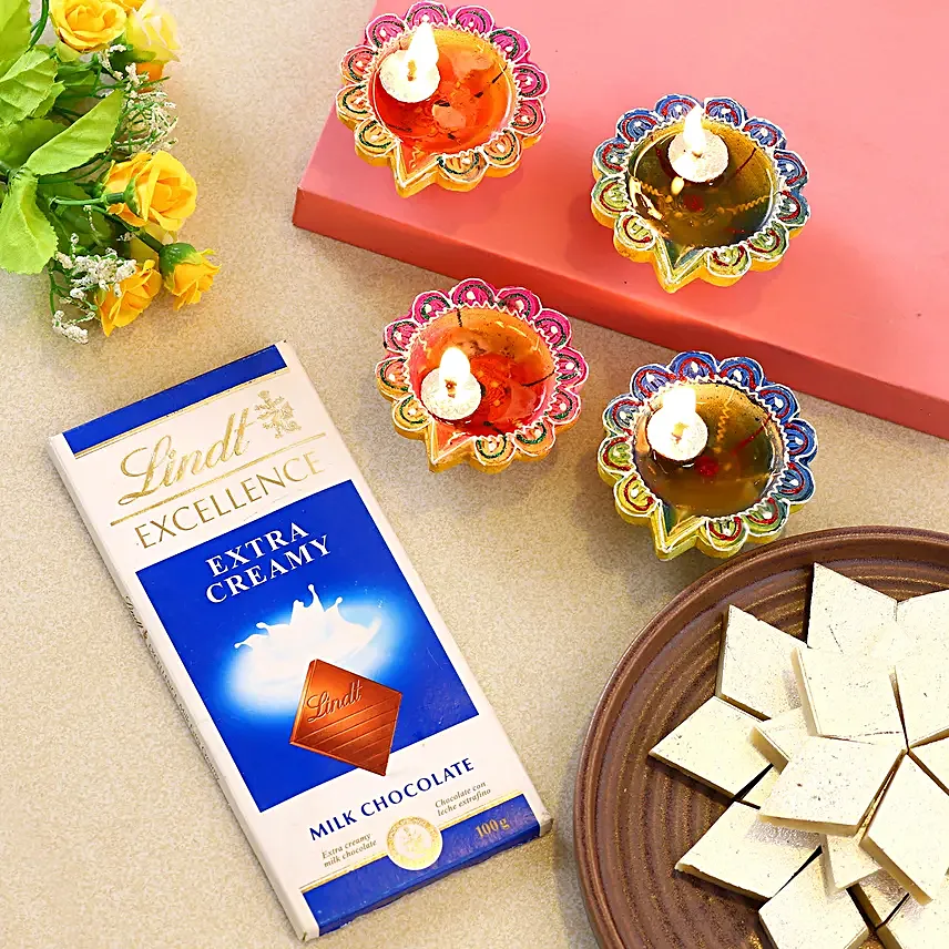 Designer Diyas With Lindt And Kaju Katli