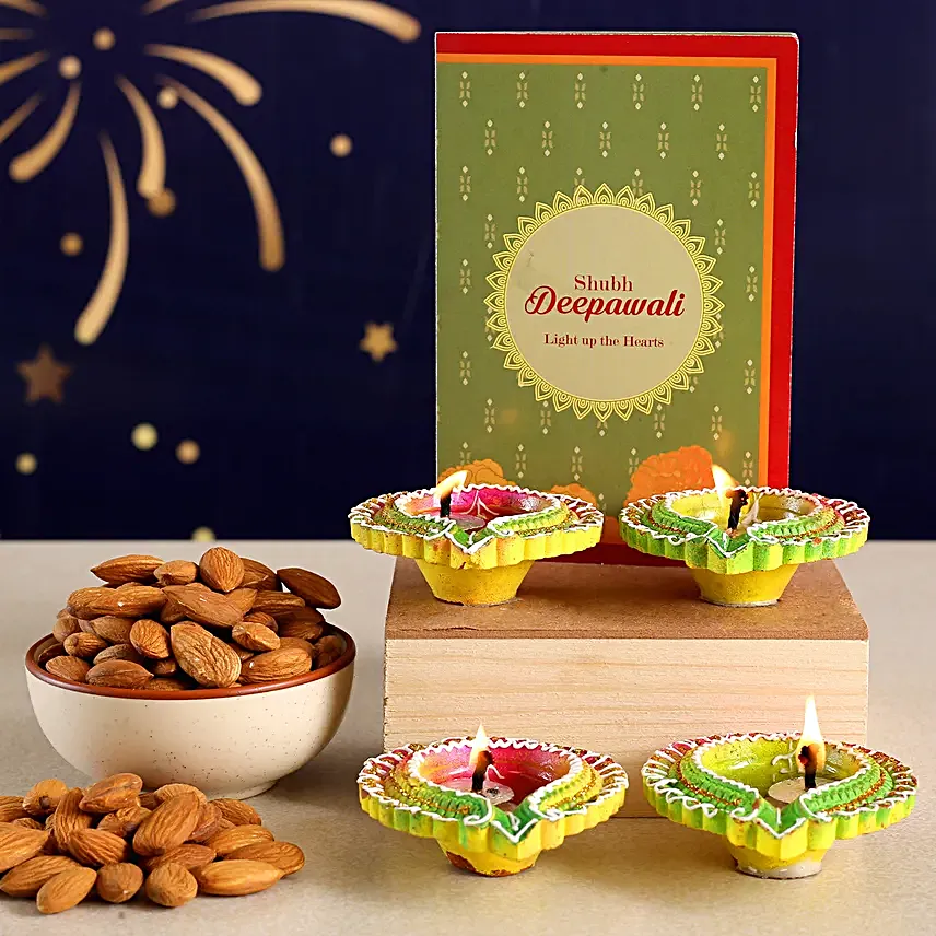 Floral Diyas With Greeting Card And Almonds