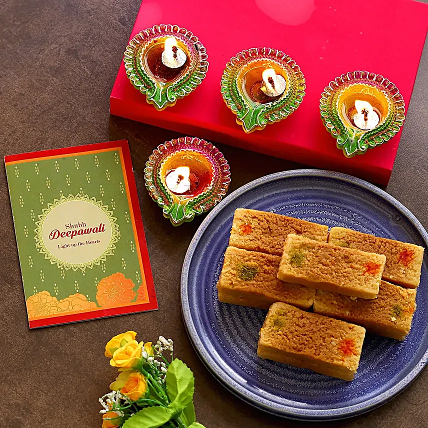 Floral Diyas With Greeting Card And Milkcake