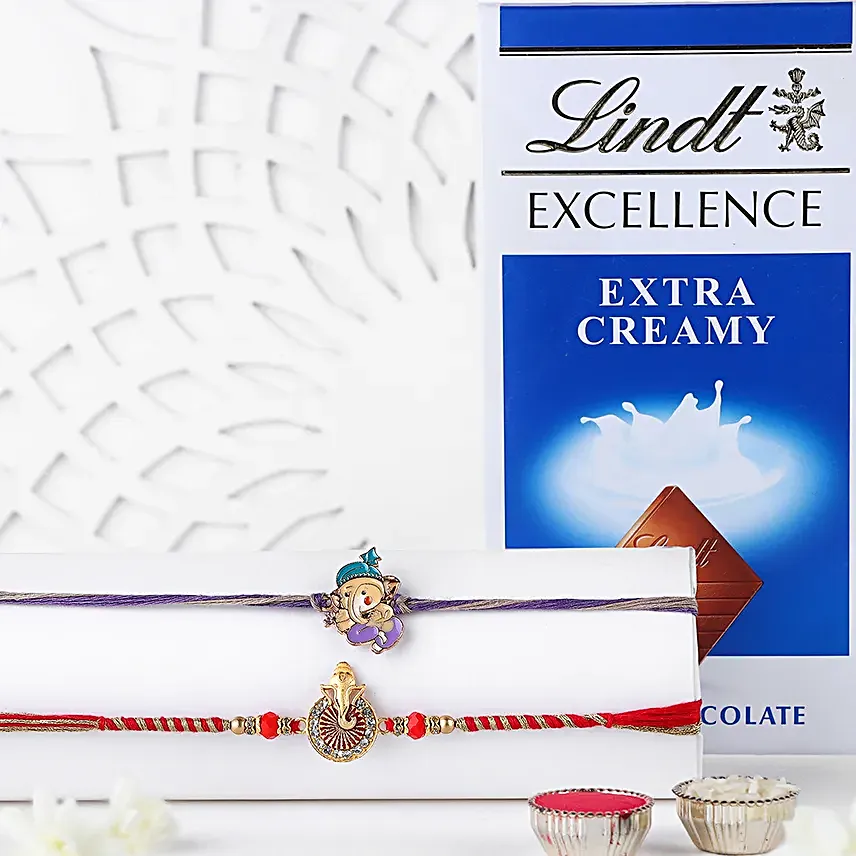Ganeshas Good Vibes Rakhi Set N Lindt Chocolate