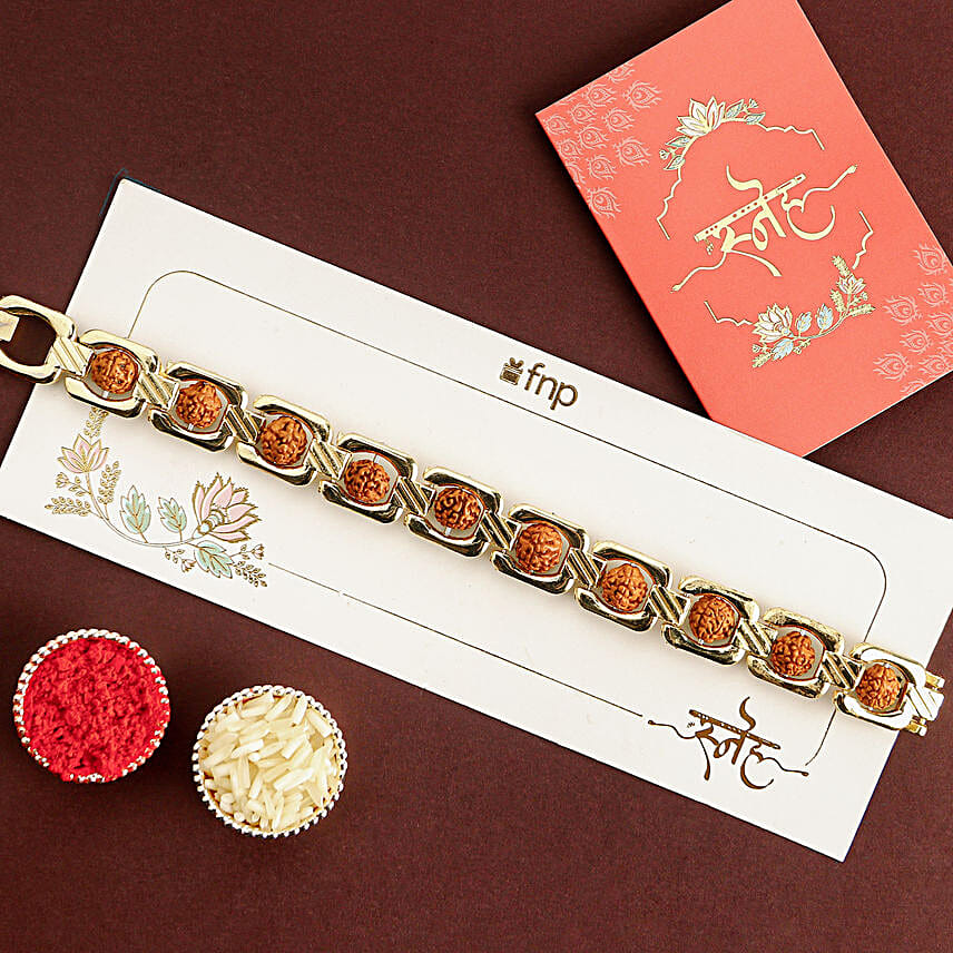Glamorous Gold Embellished Rudraksh Rakhi N Laddoo Combo