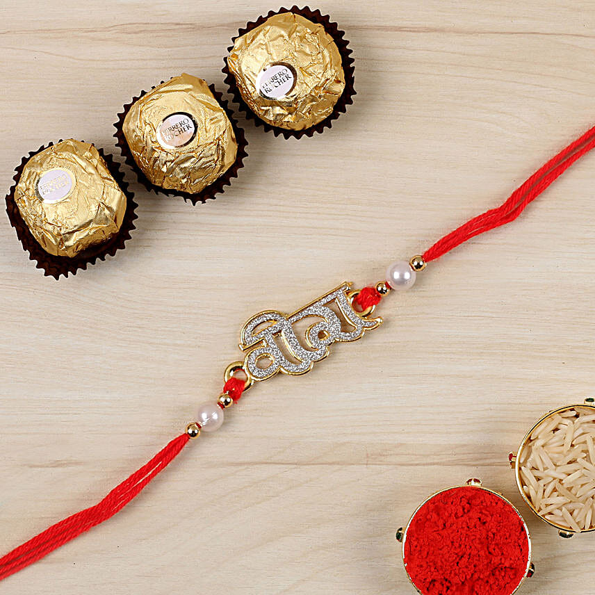 Glittered Veera Hindi Rakhi And 3 Pcs Ferrero Rocher