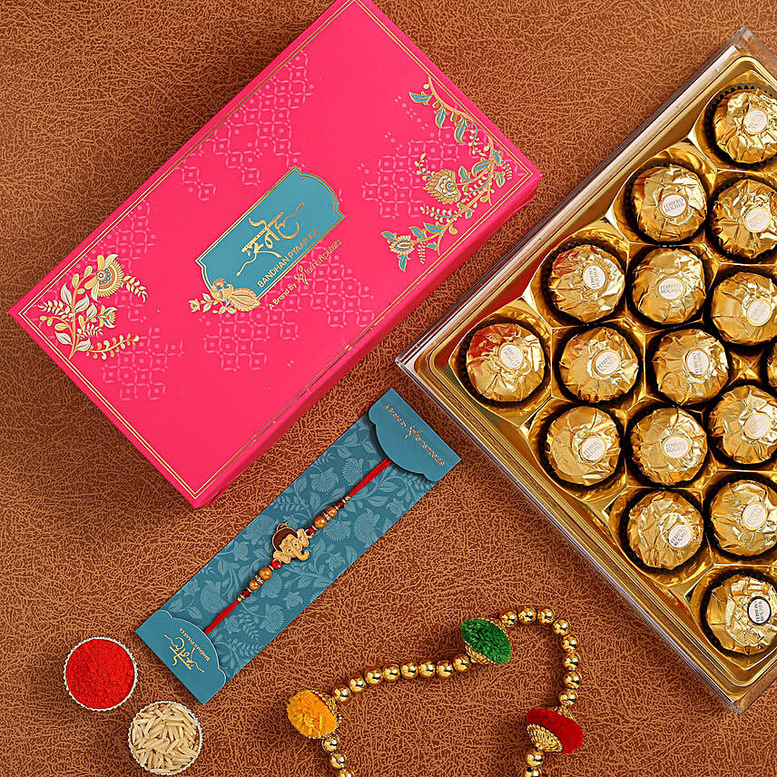 Long Trunk Bal Ganesha Kids Rakhi And 12 Pcs Ferrero Rocher