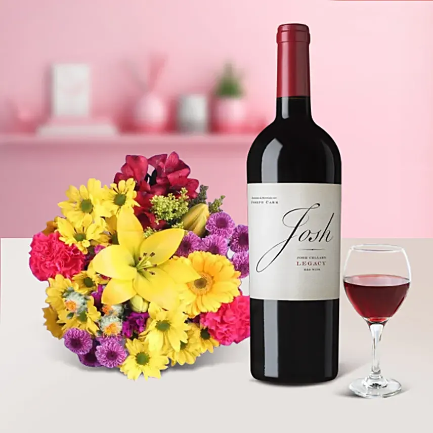 Mixed Flowers Bouquet N Red Wine Combo
