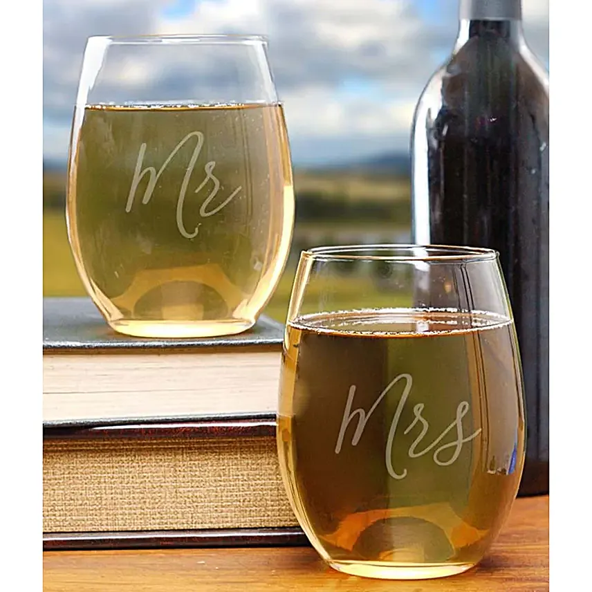Mr and Mrs Stemless Wine Glass Set