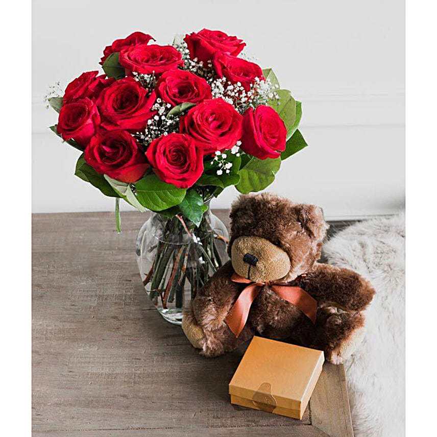One Dozen Long Stem Red Roses with Chocolates and Bear
