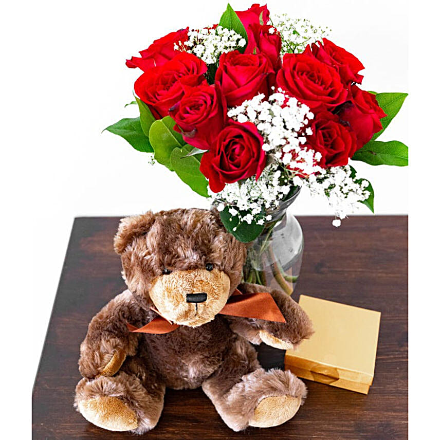 One Dozen Long Stem Red Roses with Chocolates and Bear
