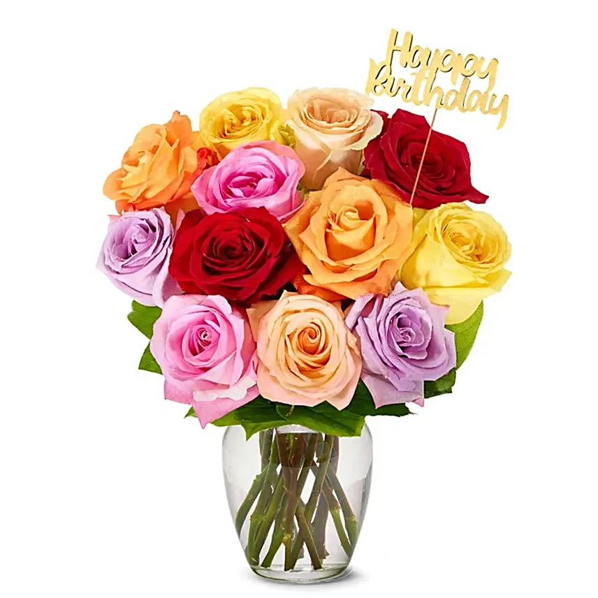 One Dozen Rainbow Roses with Birthday Pick