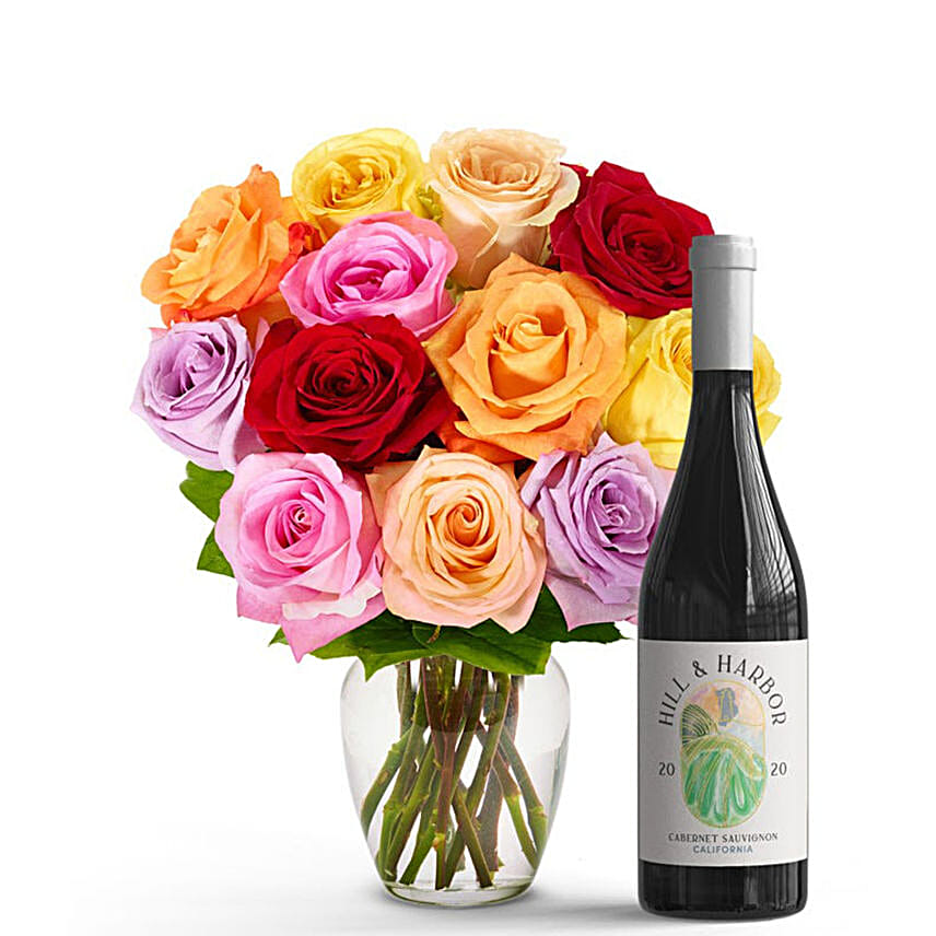 One Dozen Rainbow Roses with Red Wine