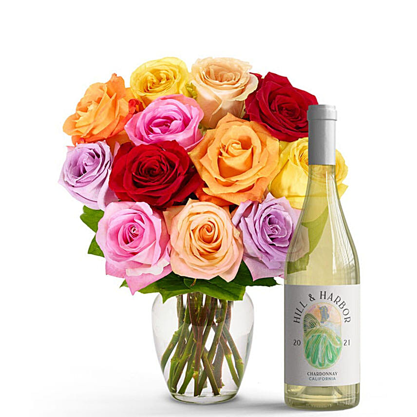 One Dozen Rainbow Roses with White Wine
