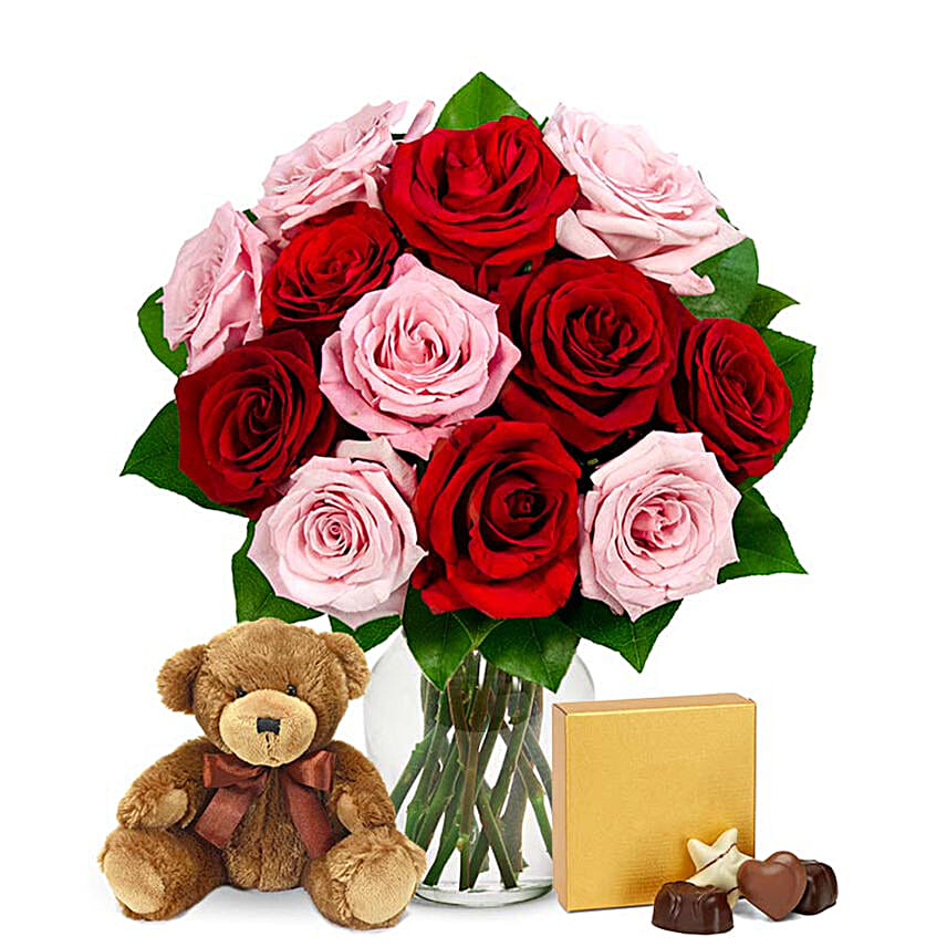One Dozen Red and Pink Roses with Chocolates and a Bear