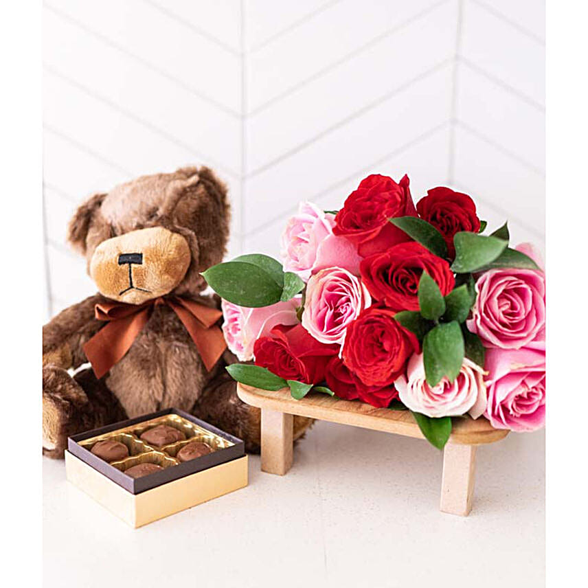 One Dozen Red and Pink Roses with Chocolates and a Bear