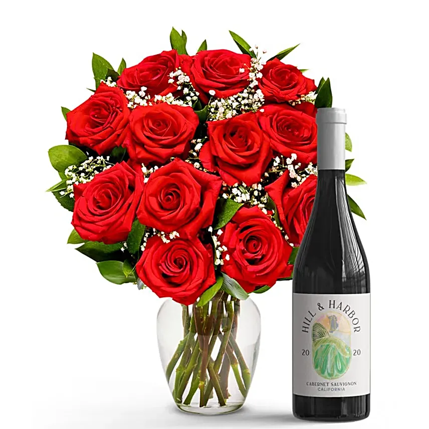 One Dozen Red Roses with Red Wine