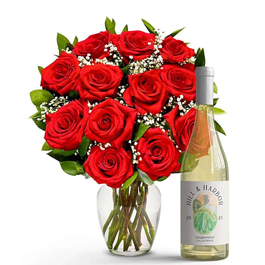 One Dozen Red Roses with White Wine