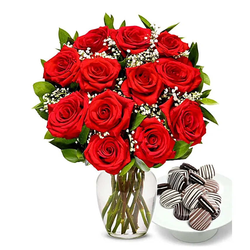 One Dozen Roses with Chocolate Drizzled Oreos