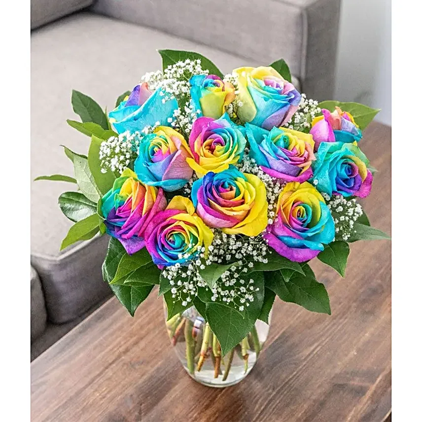 One Dozen Wild Rainbow Roses Deluxe