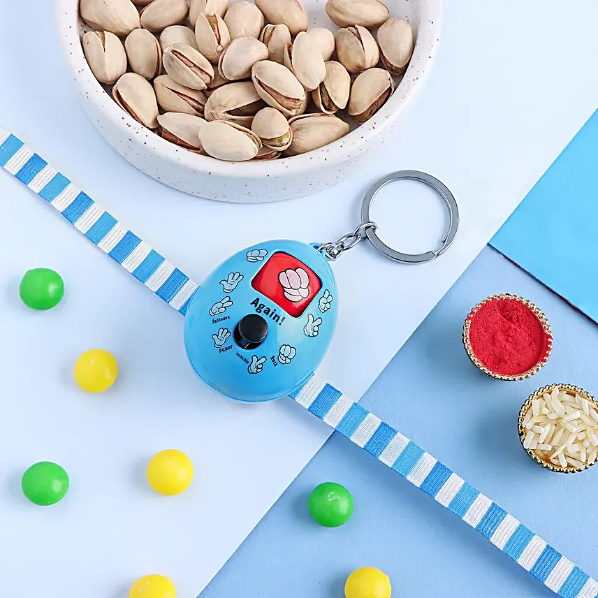 Playful Rock Paper Scissors Toy Rakhi N Nuts Combo