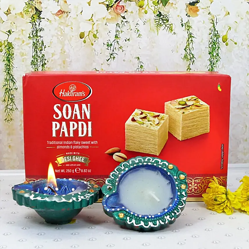 Prosperous Diwali Clay Diyas And Soan Papdi