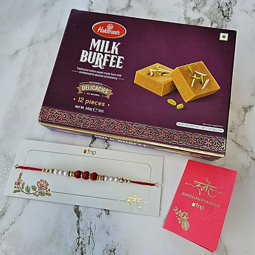 Red White Pearl Bead Rakhi with Milk Burfee