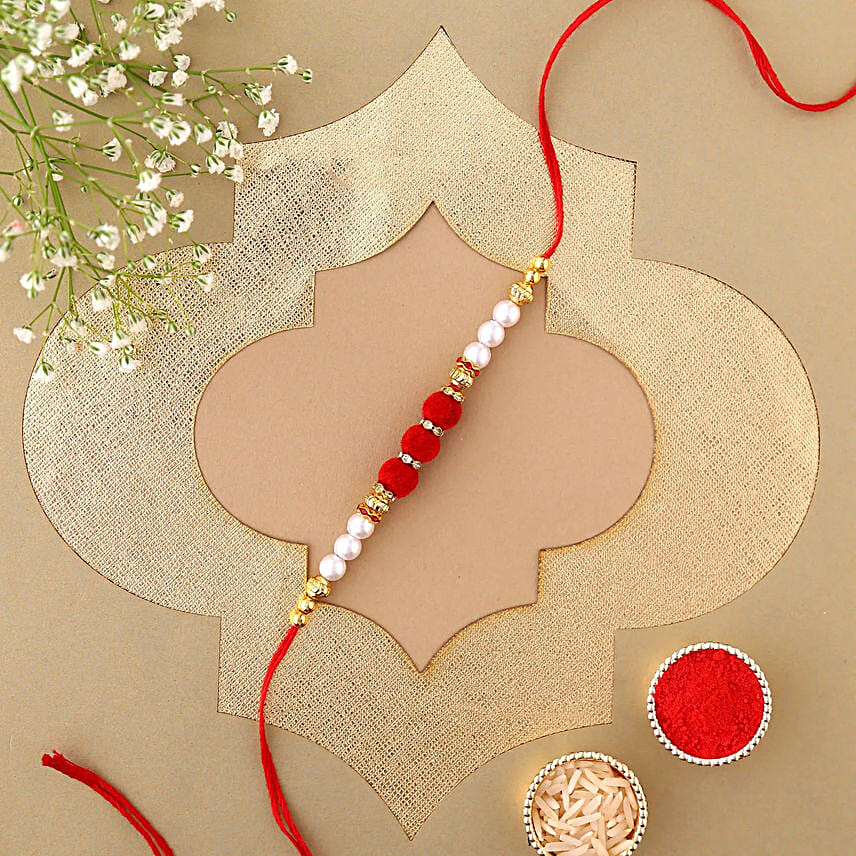 Red White Pearl Bead Rakhi with Milk Burfee