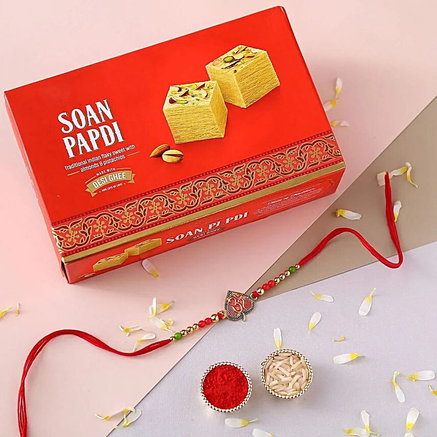 Sneh Om Leaf Rakhi & Soan Papdi