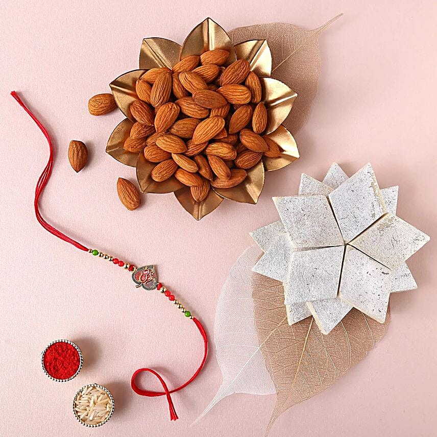 Sneh Om Leaf Rakhi With Kaju Katli & Almonds