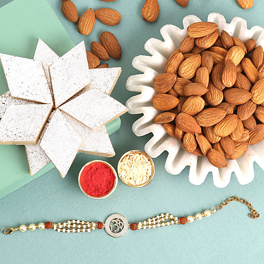 Sneh Om Pearl Rakhi With Kaju Katli & Almonds
