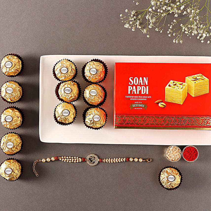 Sneh Om Pearl Rakhi With Soan Papdi & Ferrero Rocher