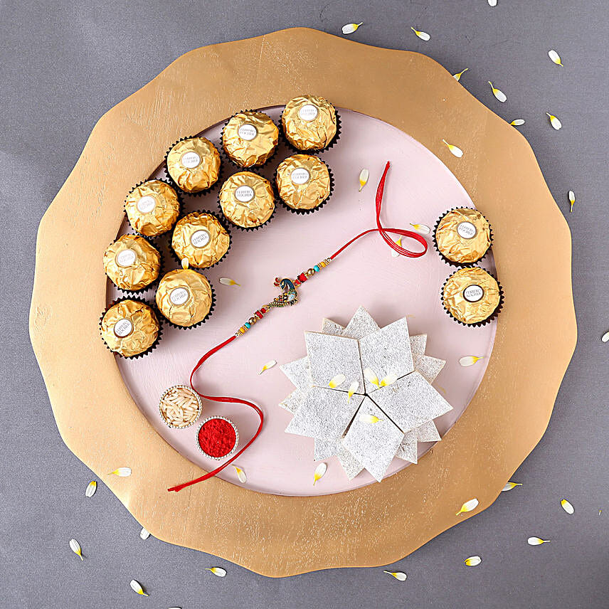 Sneh Peacock Rakhi With Kaju Katli & Ferrero Rocher