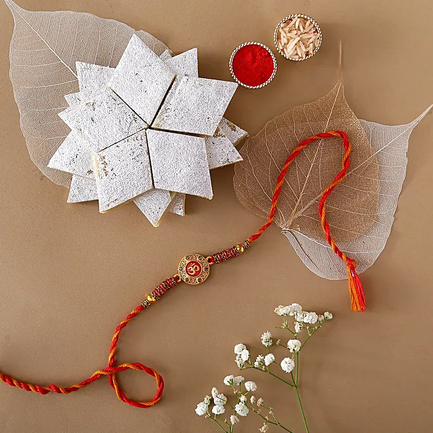 Sneh Red Om Rakhi & Kaju Katli