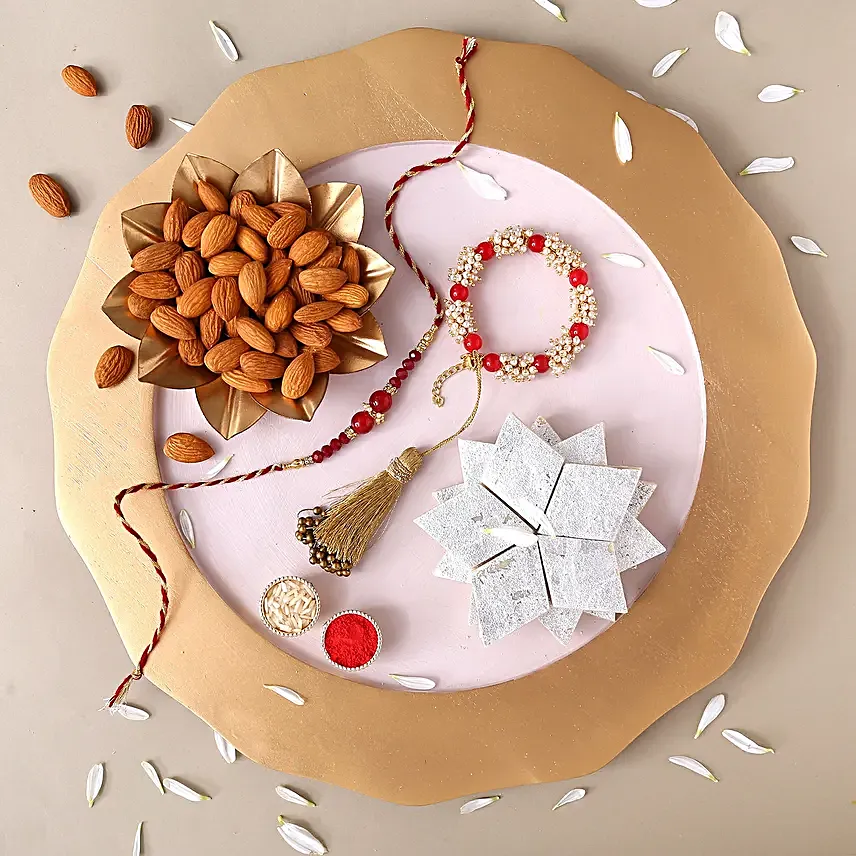 Sneh Red Rakhi Set With Kaju Katli & Almonds