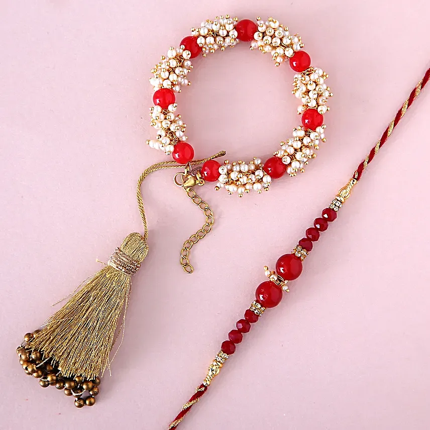 Sneh Red Rakhi Set With Lindt Chocolates & Almonds