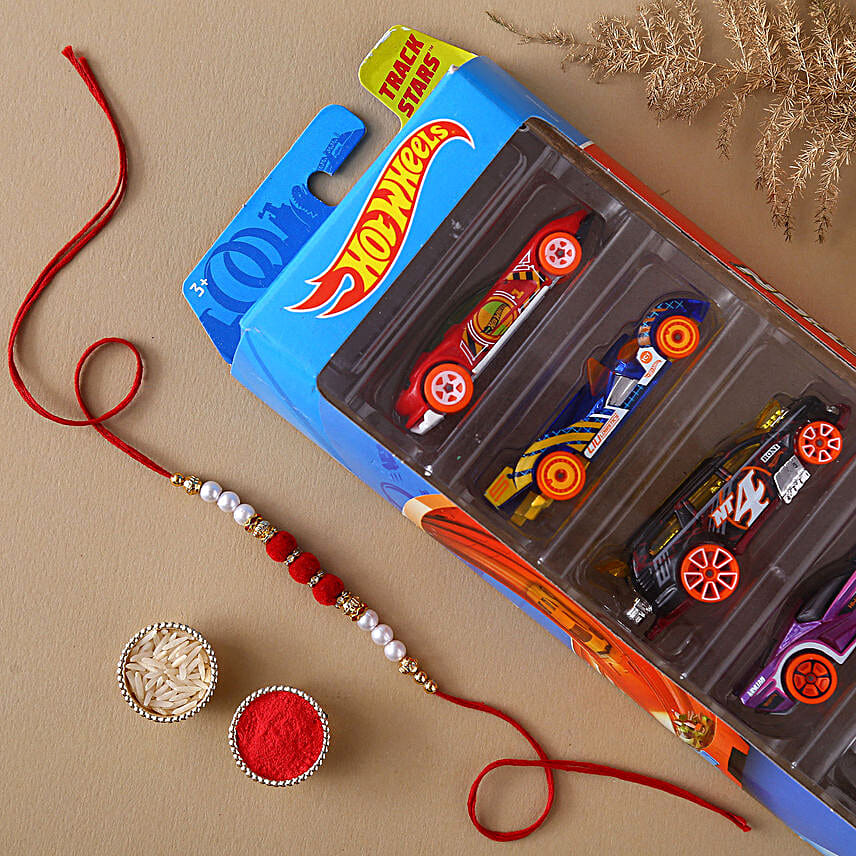 Sneh White Pearls Rakhi & Hot Wheels