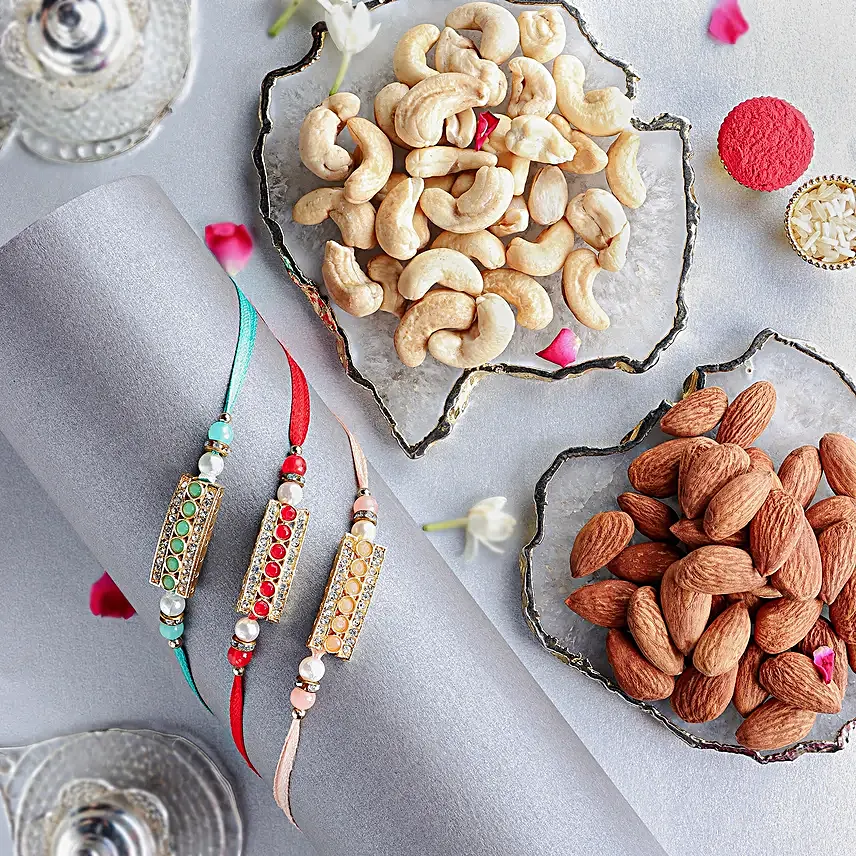 Stone Studded Rakhi Set N Nutty Delight