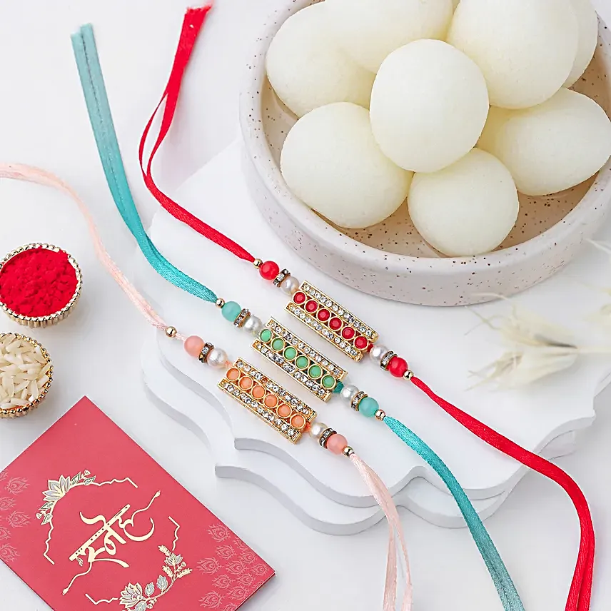 Stone Studded Rakhi Set N Rasgulla Combo