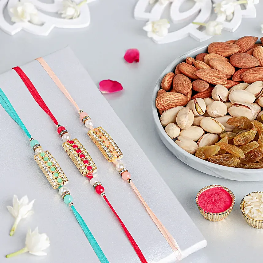 Stone Studded Rakhi Set of 3 N Nuts Combo