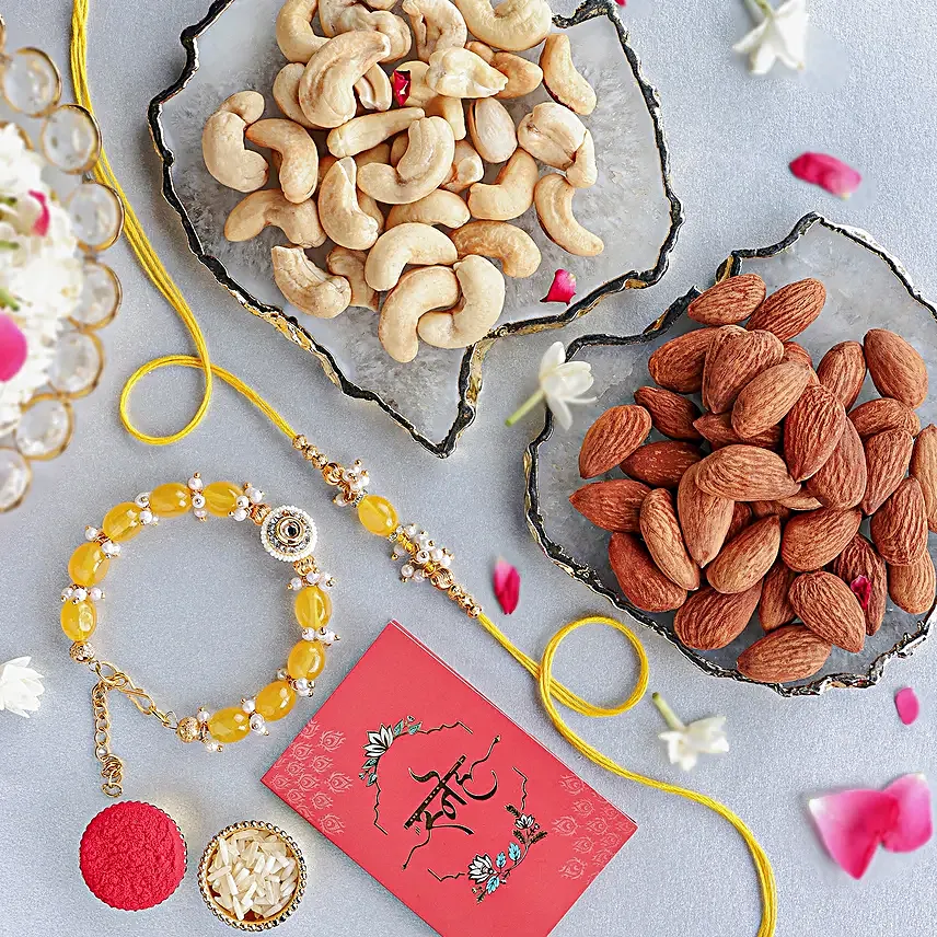 Sunkissed Stone Work Lumba Pearl Rakhi N Nutty Delight