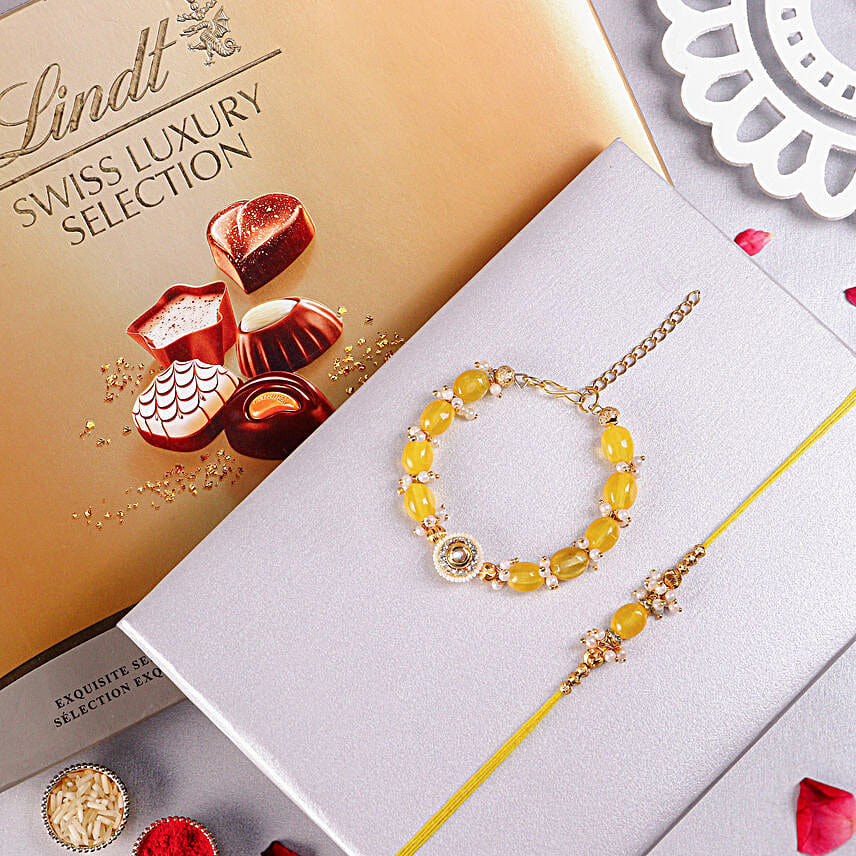 Sunkissed Stone Work Lumba Pearl Rakhi N Swiis Chocolate Combo