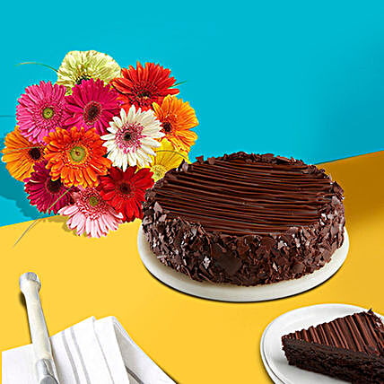 Happy Birthday Cake and Gerbera Daisies:Send Cake and Flowers in USA