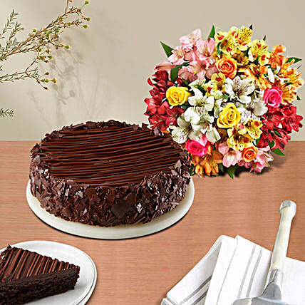 Chocolate Cake with Assorted Rose & Peruvian Lily Bouquet Birthday:Gifts to Columbus