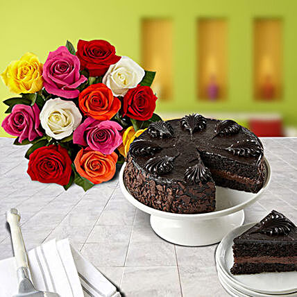 Chocolate Cake with Assorted Roses Birthday:Gift Combos to USA