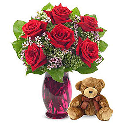 Rose Garden Bouquet With Teddy Bear:Flowers and Teddy Bears to USA