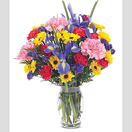 Vibrant Iris And Carnations Vase Arrangement:Send Birthday Gifts to USA