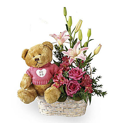 Roses And Lilies Basket Arrangement With Cute Teddy
